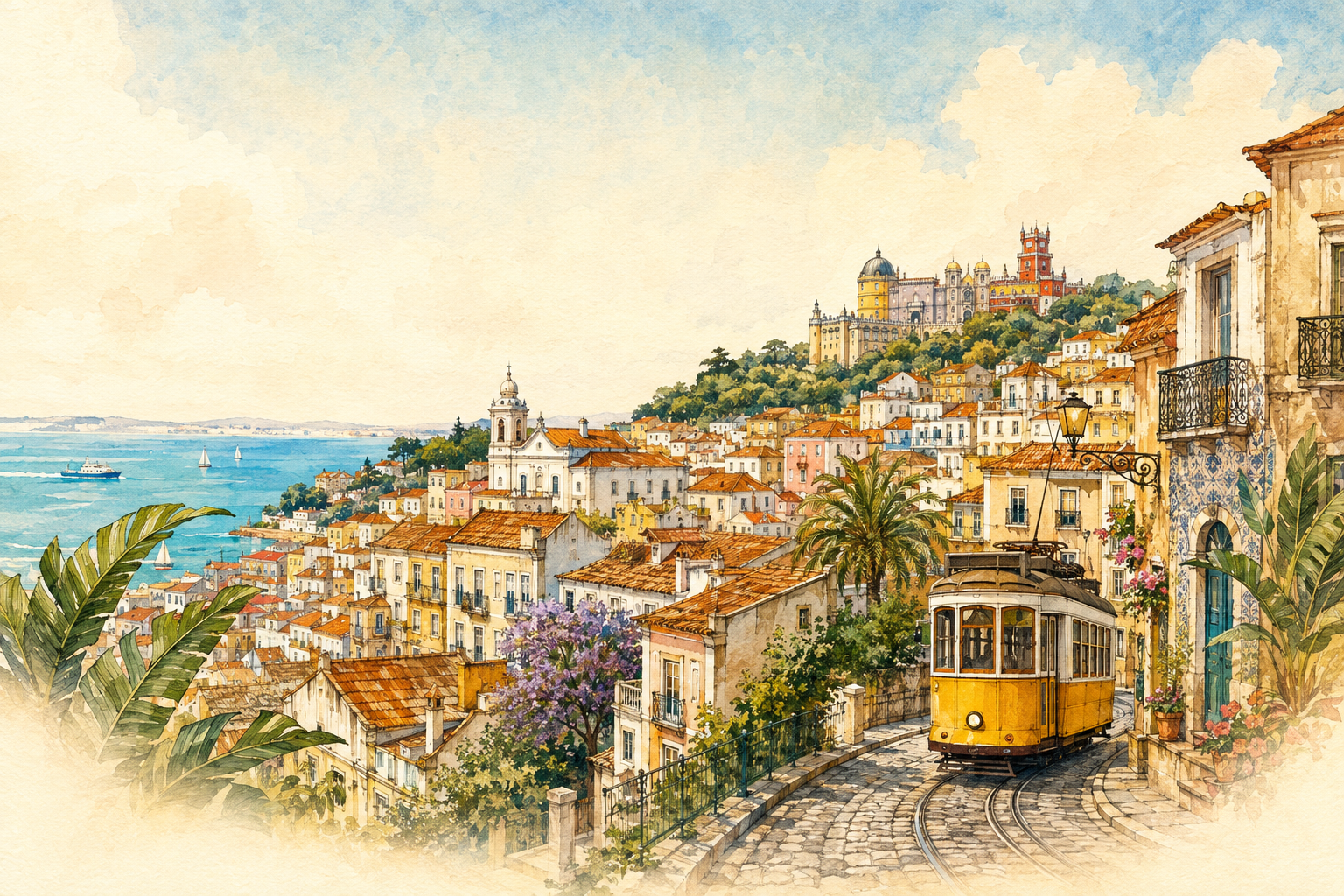 An illustrated Portuguese coastal town